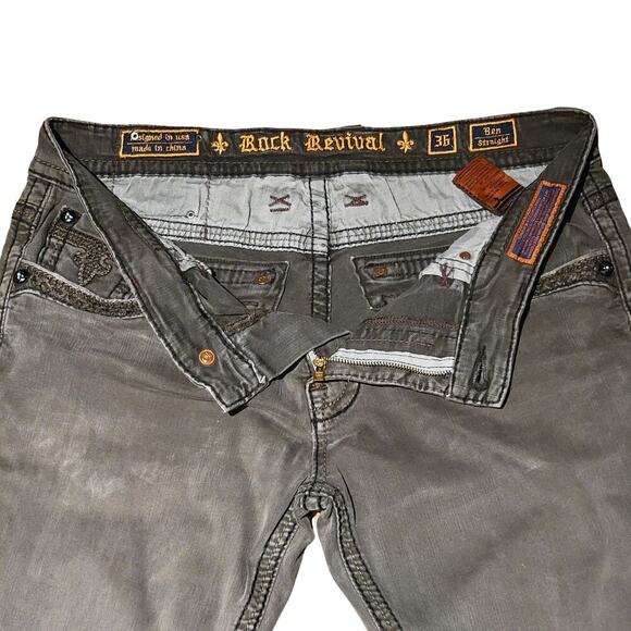 ROCK REVIVAL Gray Ben Straight Leather Detail Jeans Mens 36 Rebel Biker 90's - Picture 1 of 16